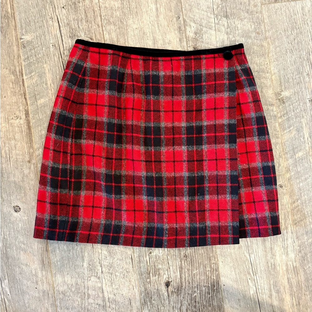 Liz Sport Vintage Red and Black Plaid Wrap Mini Skirt